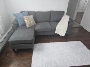 a living room with a grey couch and a white rug at Cozy Getaway in Kearny +1 photo