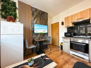 a kitchen with a refrigerator and a table in a room at IN Apartments in Prešov