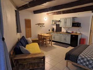 a living room with a couch and a kitchen at Cozy Studio à Tavel in Tavel