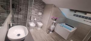 a bathroom with a shower and a toilet and a sink at La rosa rossa in San Gemini