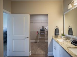 a bathroom with a sink and a mirror at Modern 2BR & 2BA New Build Condo w Garage & Patio in Grandville