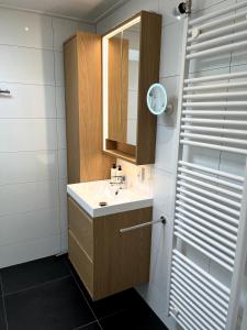 a bathroom with a sink and a mirror at Pinkeltje in Aagtekerke +24 photos