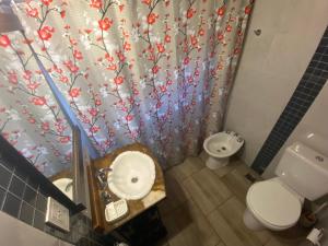 a bathroom with a toilet and a shower curtain at Cabañas Cruz del Sur in Miramar