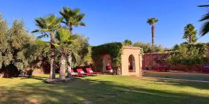 a yard with palm trees and chairs and a building at Villa Cannella in Najem