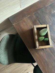 a wooden table with a green plant in a box at Casa d'Alpe -Boutique apartment Chaberton view in San Sicario +47 photos