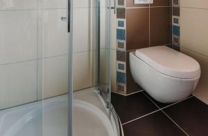a bathroom with a toilet and a glass shower at Chic y cozy Schwaunter in Untermeitingen +1 photo