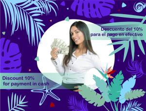 Una mujer sosteniendo un fajo de billetes en un folleto. en Nice condo with fresh pool, en Punta Cana