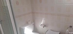 ein weißes Badezimmer mit Toilette und Dusche in der Unterkunft Cottage by the sea in Enniscrone + 11 Fotos