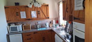 eine Küche mit Holzschränken, Spüle und Mikrowelle in der Unterkunft Cottage by the sea in Enniscrone