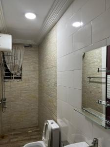 a bathroom with a toilet and a sink and a mirror at Beatrice court in Accra