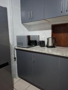 a kitchen with a counter top with a microwave at Golf Course Apartment in Maseru