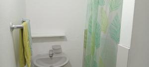 um banheiro com pia e cortina de chuveiro em Duni Hostal em Estación El Salto