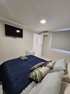 Un dormitorio con una cama con un televisor en la pared. en Hospedagem e Coworking - suítes, en Anápolis