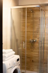 a shower with a washing machine in a bathroom at "Work and Quiet", Faktura VAT, KLIMATYZACJA, AIR CONDITIONING, GROUND FLOOR, PARKING, PARTER, in Kielce
