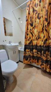 a bathroom with a toilet and a shower curtain at Apartment in the city centr Bursatsky descent in Kharkiv