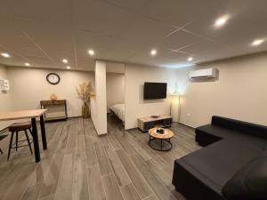 Una sala de estar con un sofá y un televisor. en chez isabelle et thierry, en Harnes