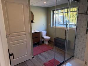 Un baño con inodoro y ducha de cristal. en chez isabelle et thierry, en Harnes