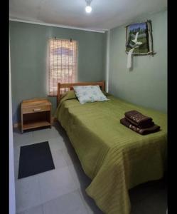 1 dormitorio con cama verde y mesita de noche en Cabaña el Sauco, en Puerto Guadal