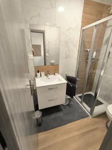 a bathroom with a sink and a shower and a toilet at L'horizon De Coursan in Coursan