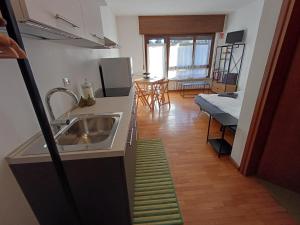 a kitchen with a sink and a living room at M&M 40 monolocale in Tarvisio