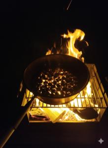 a pan on top of a stove with a fire at Bellevue relax Apartment in Žetale