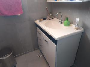 a bathroom with a white sink with a green bottle on it at FICOS Hospedagem in São Gabriel