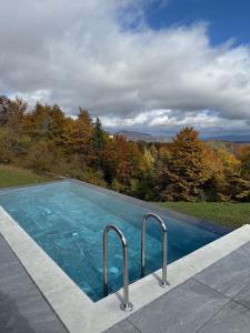 a swimming pool with a view of the mountains at Nordic Star Chalet in Fundata