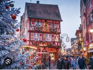 einen Weihnachtsmarkt vor einem Gebäude mit einem Weihnachtsbaum in der Unterkunft La Tour du Bois fleuri in Colmar
