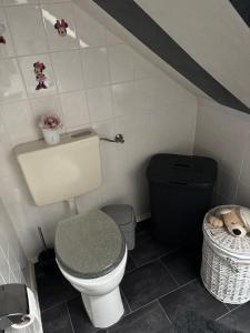 a small bathroom with a toilet and a trash can at Dein Zuhause auf Zeit! in Güster +2 photos