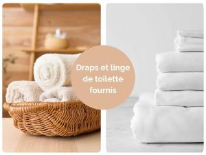 a pile of towels in a basket next to a picture of a basket of towels at A la Grenouille du Jura in Bellignat