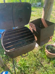 een grill en een bloempot op het gras bij Lugar bonito tiny house in Lago Puelo