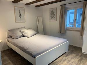 a bedroom with a white bed and a window at smartroom Apartment in Wettingen in Wettingen