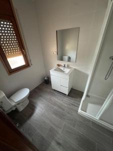 Un baño con inodoro, lavabo y ducha. en Hostal Marcela Berge, en Berge