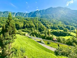 a road on a hill with mountains in the background at Chalet with Scenic Valley & Mountain Views in Lütschental