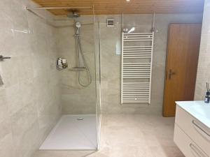 a shower with a glass door in a bathroom at Chalet with Scenic Valley & Mountain Views in Lütschental