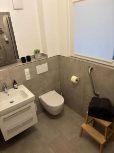 a bathroom with a white toilet and a sink at Ferienwohnung am Engelmannsberg in Hattenheim +3 photos