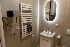 ein Badezimmer mit Waschbecken und Spiegel in der Unterkunft Planet Gemini Residence in Niš + 39 Fotos