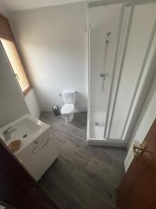 Un baño con ducha, inodoro y lavabo. en Hostal Marcela Berge, en Berge