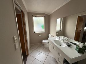 a bathroom with a sink and a toilet and a window at Riverside Studio in Wanaka +6 photos