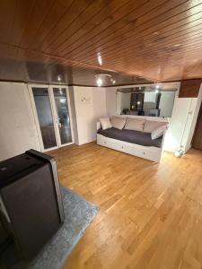 een woonkamer met een bed en een flatscreen-tv bij Face au chateau in Vizille