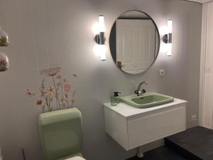 a bathroom with a sink and a toilet and a mirror at Dammablick Göschenen in Göschenen +26 photos