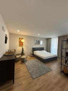 a bedroom with a bed and a living room at Veleslaveenka in Plzeň