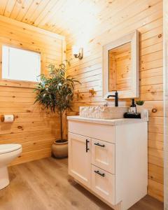 ein Badezimmer mit einem weißen Waschbecken und einer Toilette in der Unterkunft Creekside Hocking Hills Cabin-Game Shed Hot Tub in South Bloomingville