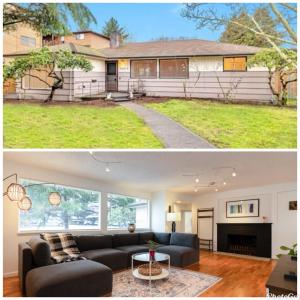 a living room with a couch in front of a house at Spacious Retreat 3 Miles to Airport 12 to Seattle in Burien