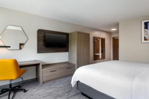 a bedroom with a bed and a desk and a television at Holiday Inn Express & Suites Pittsfield-Lenox-Berkshires by IHG in Pittsfield