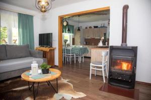 a living room with a couch and a fireplace at House Zeleni brig in Mrkopalj