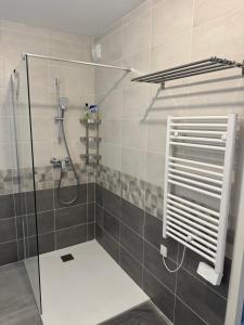 een douche met een glazen deur in een badkamer bij Studio Cosy Le Cocon au calme in Saint-Bonnet-de-Mure +17 foto's