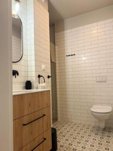 a bathroom with a sink and a toilet at Apartamenty Guzik 32 in Krosno +17 photos