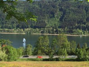 a white sailboat on a lake with a road at DeliApart Ossiacher See in Sattendorf