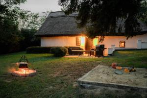 ein Haus mit einem Feuer davor in der Unterkunft Balaton Cottage - Your Hide Away in Cserszegtomaj + 118 Fotos